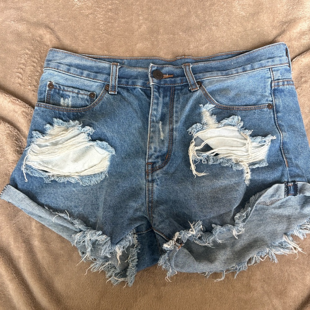 Trendy Blue Distressed Jean Shorts